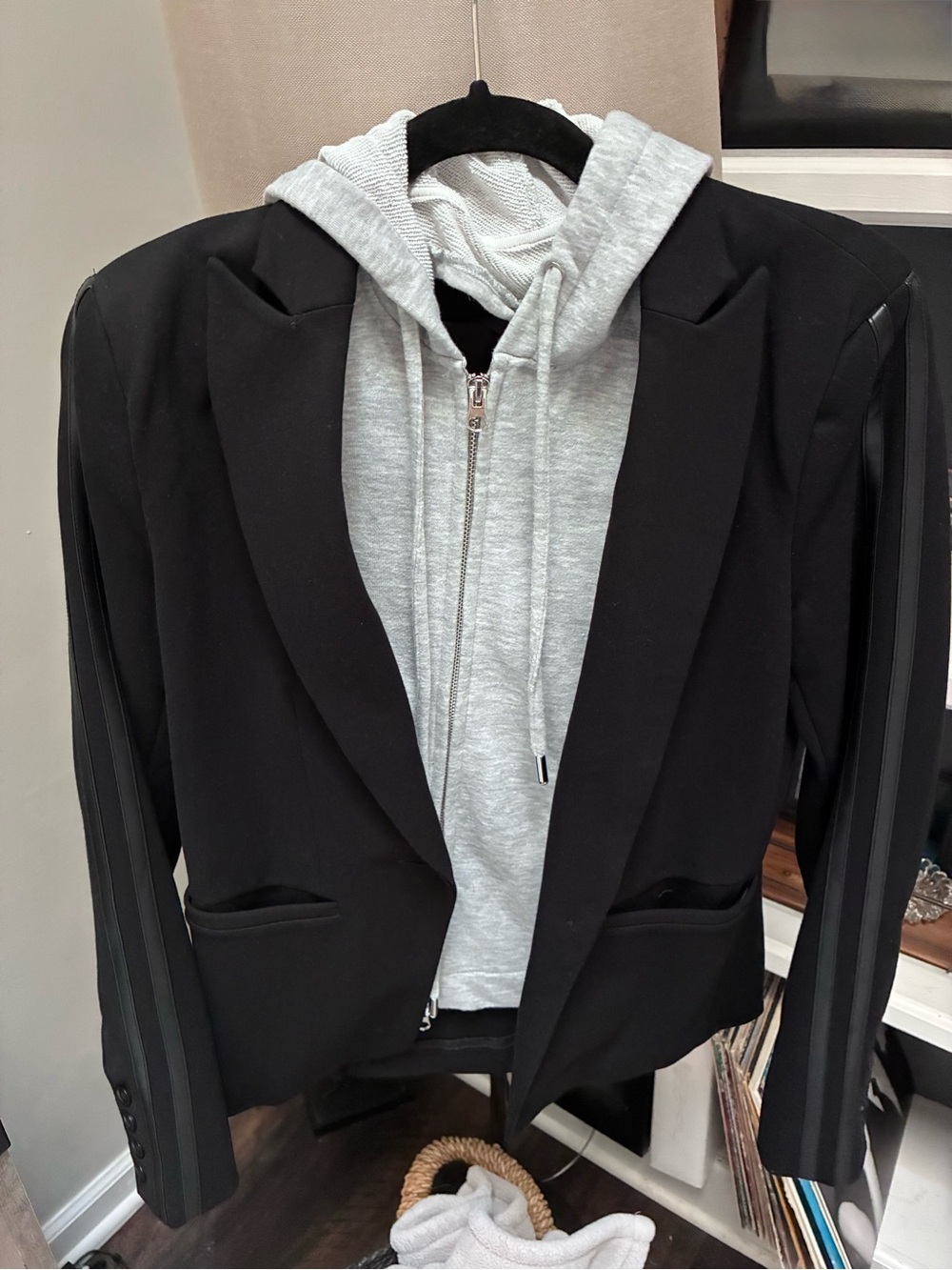 Evereve Black Blazer with Light Gray Hoodie Layered Style